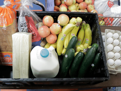 basket of groceries - bread, milk, fruits